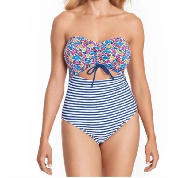 NWT Time and Tru One Piece Swimsuit Striped Floral Print M 8-10 - Picture 1 of 12